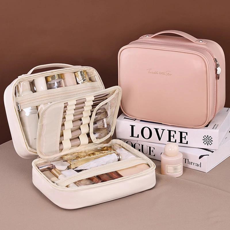 

Women Pu Leather Double Layer Travel Makeup Wash Clear Cosmetic Bag with Zipper Multi-Compartment Waterproof Toiletry Organizer