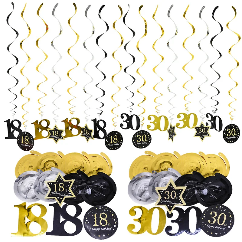 8pcs Ceiling Hanging Decor 18 21 30 40 50 60 Black Gold Spiral Garland PVC Swirl Banner Happy Birthday Party Decoration Supplies