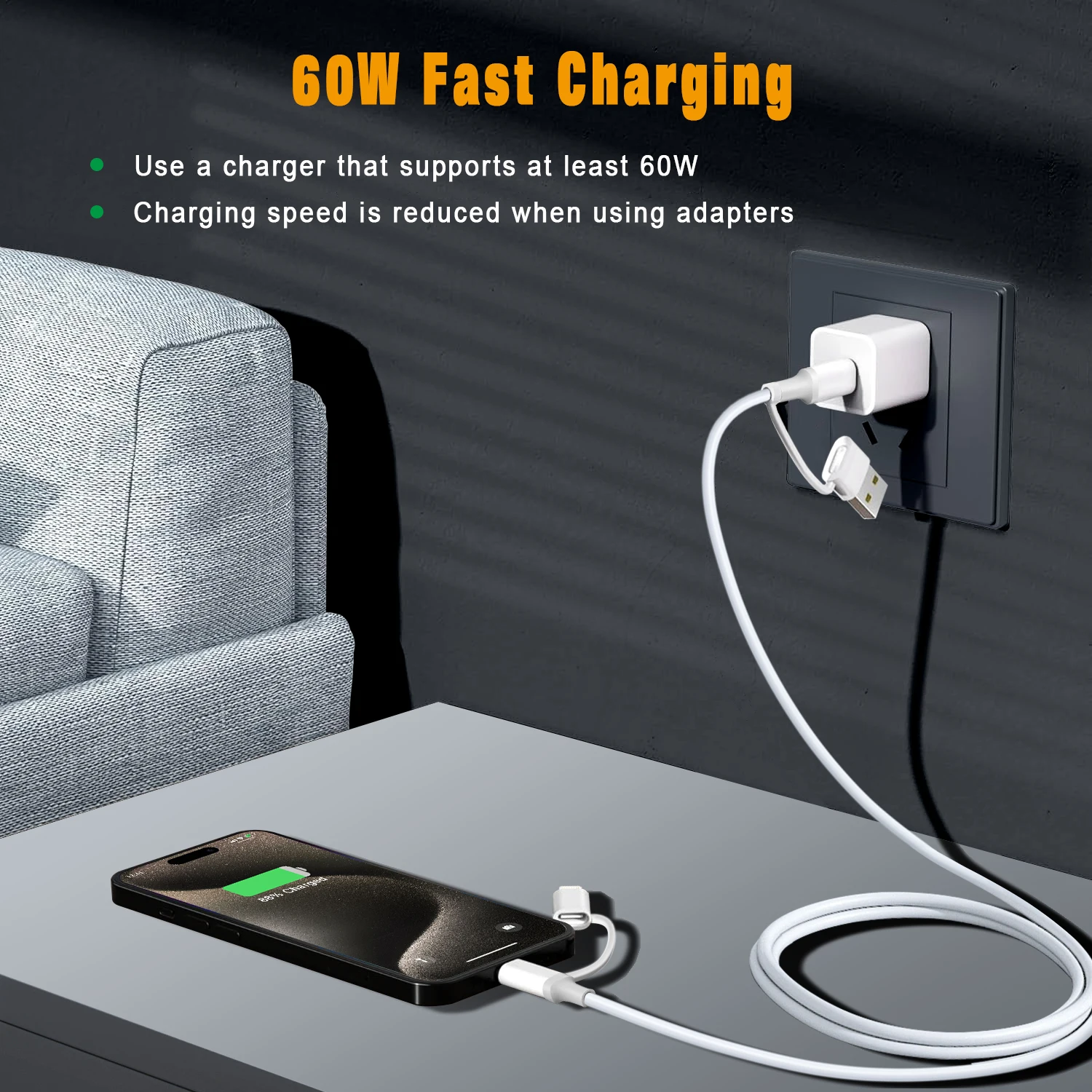 Kabel USB typu C do USB typu C 4-w-1 66W z szybkim ładowaniem PD i transmisją danych do iPhone 15/16/17 Pro Max, iPad, Xiaomi, Samsung Tablet, 1M — zdjęcie produktu 3