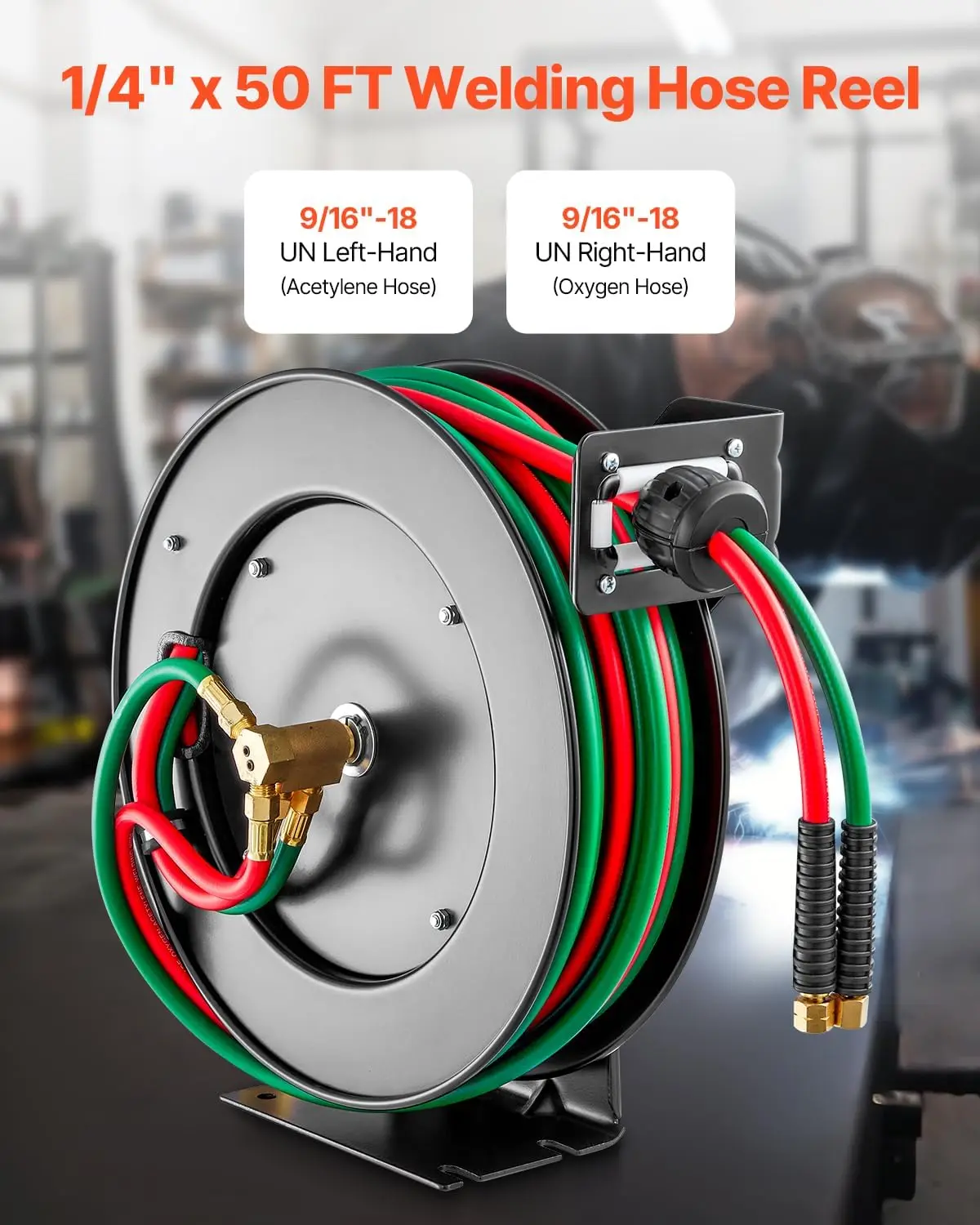 Retractable Welding Hose Reel, 1/4-Inch x 50FT Twin Oxygen Acetylene Rubber Hose Max 300PSI - R Grade, Ceiling/Wall Mount Heavy