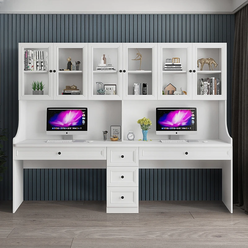 Modern minimalist two person desktop computer desk, home assembly, student writing desk, desk cabinet, integrated office desk