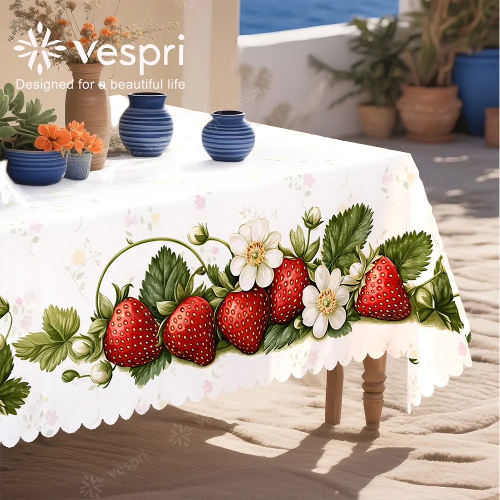Vespri fruit tablecloth, with white and green decorations, featuring strawberries, green leaves and flowers.yzb