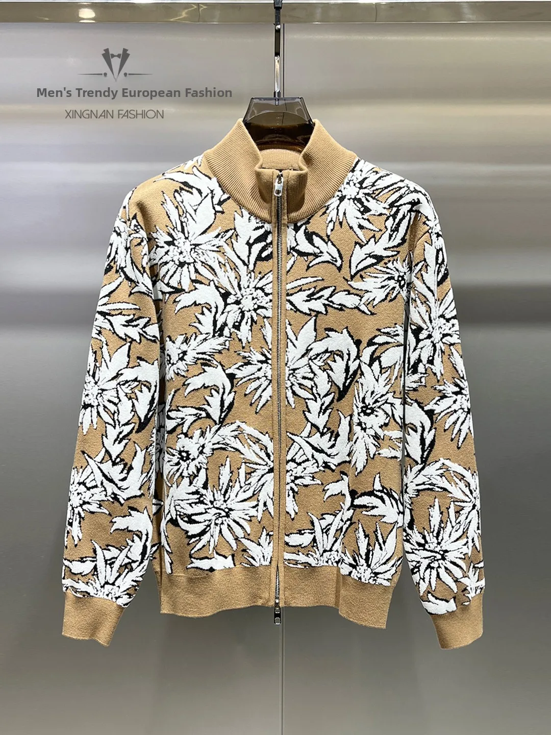 

Men's Knitted Wool Sweater Cardigan Thiened Winter Faion Casual Mid-Length Sve Zipper Closure Luxury Flora Pattern