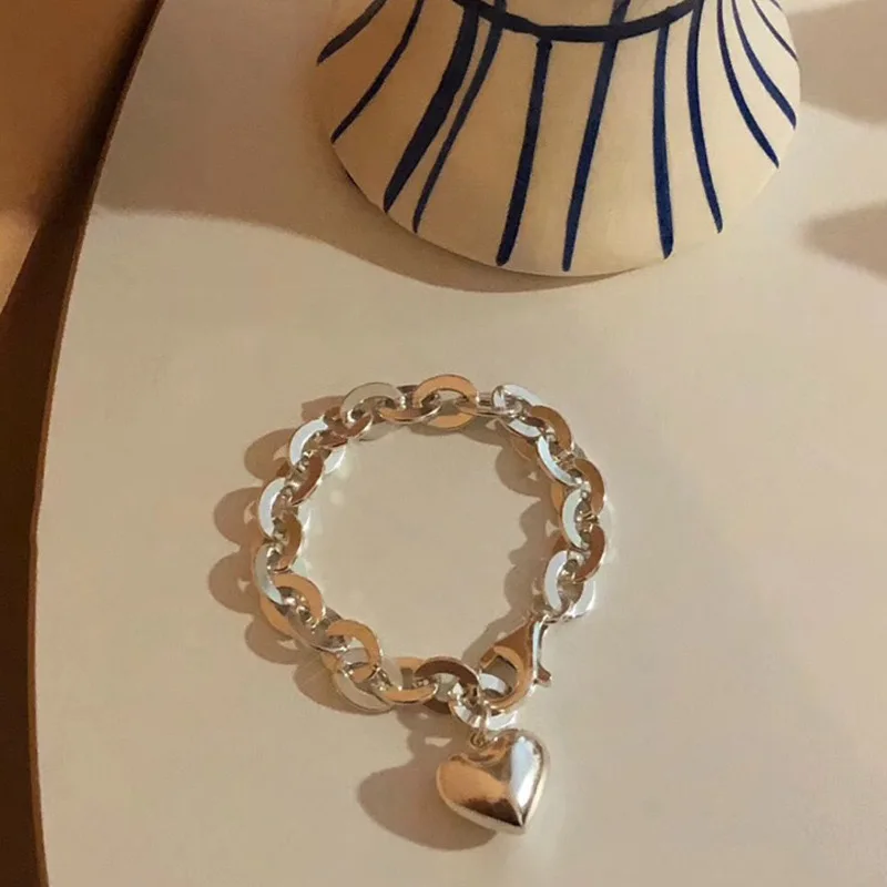 925 Sterling Silver Bracelets for Women Men Accessories Trendy Vintage Simple Vintage Heart Pendant Party Jewelry