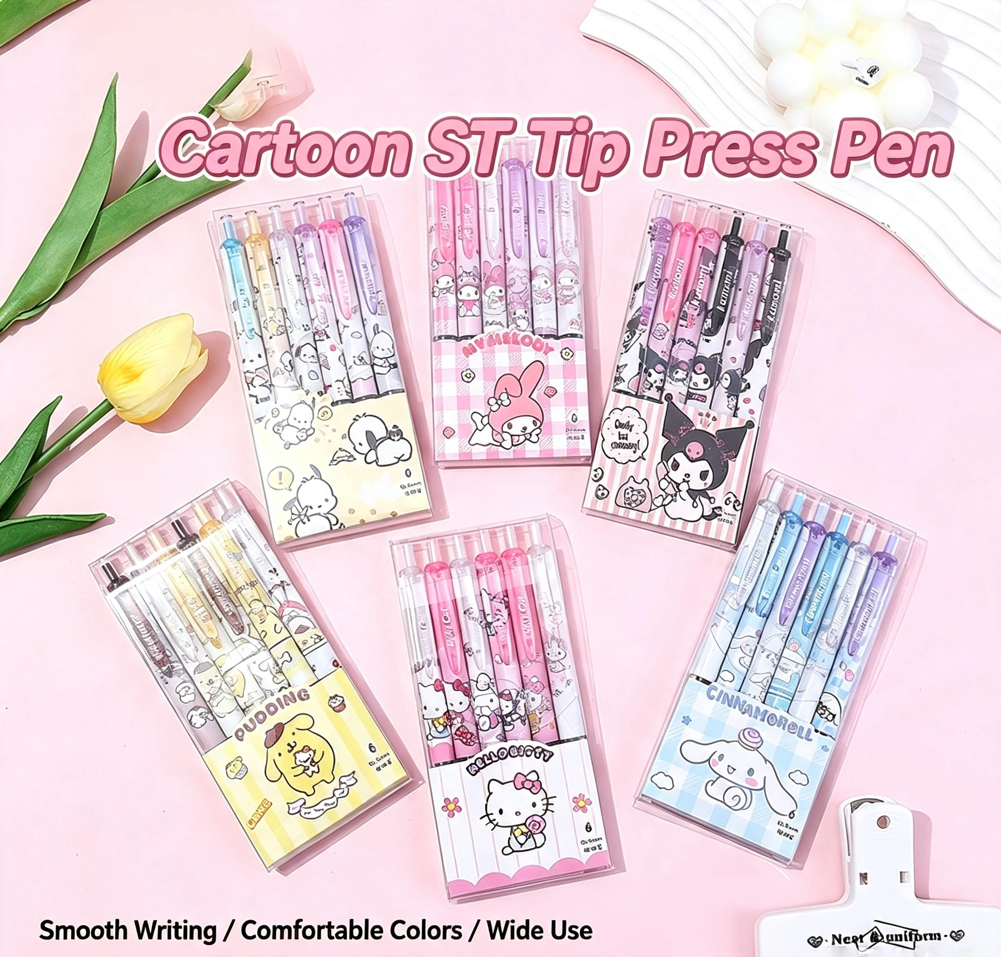6 Pens/Set Cute Hello Kitty Melody Black 0.5mm Gel Pen, Push-Button Type Practice Pen for Student/Office Worker Daily Stationery