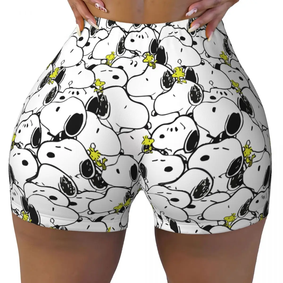 

Custom Women's Snoopys Dog Head Cartoon Comic Workout Yoga Shorts Beagle Athletic Gym Biker Running Shorts