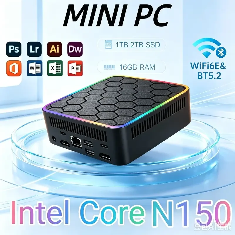 Intel Core N150 MINI PC RGB Gaming Mini PC Windows 11 Pro 16GB RAM 1TB SSD WiFi6 BT5.2 Compact Desktop Computer For Home Office