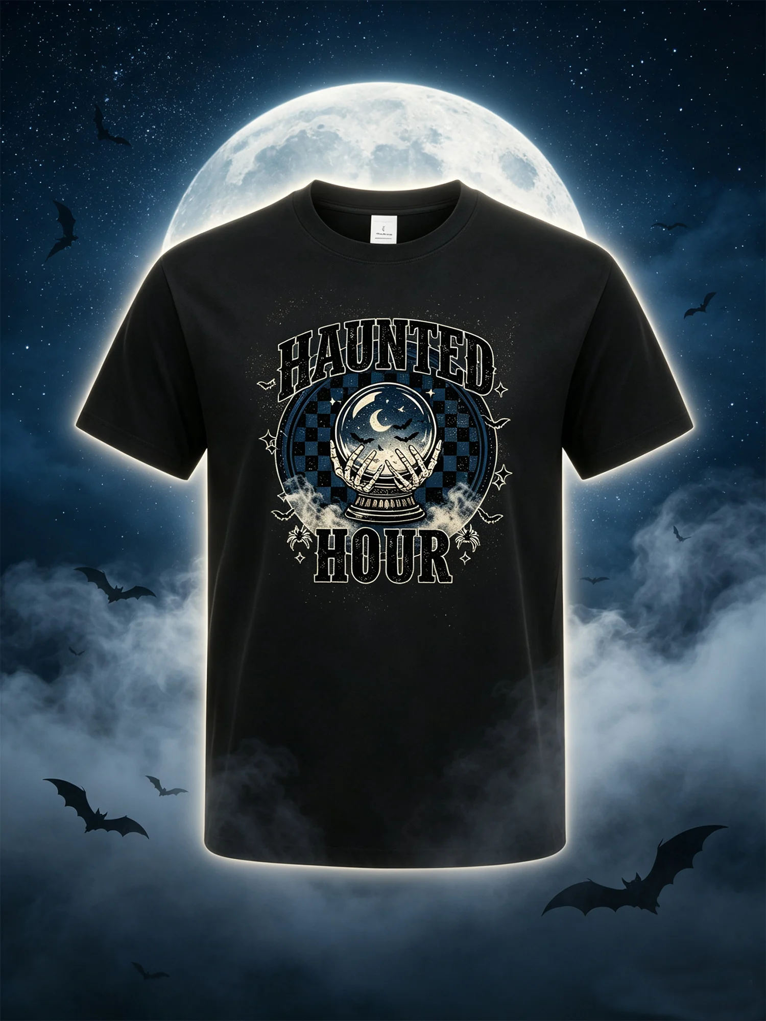 Halloween Haunted Hour Graphic T-Shirt for Men Women Retro Checkered Crystal Ball Skeleton Hand Bat Moon Print Short Sleeve Party Tee