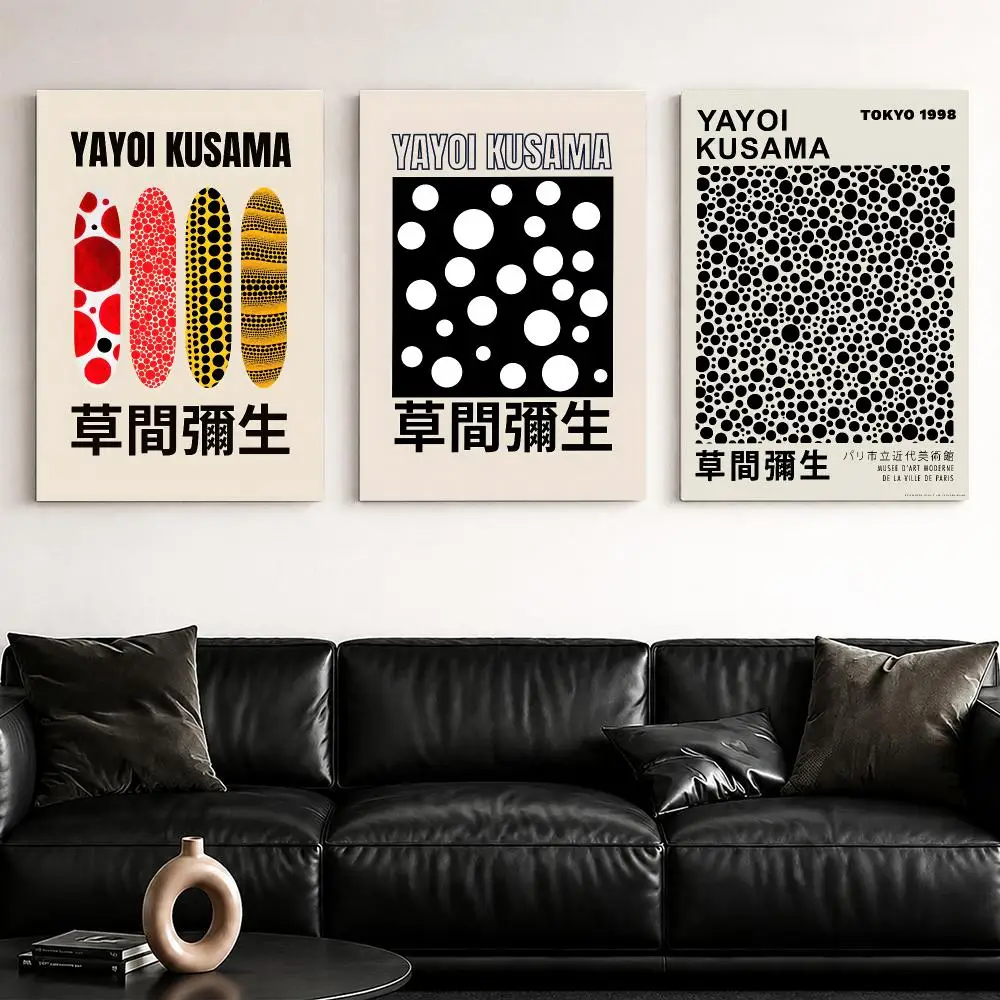 Y-Yayoi K-Kusama Monochrome Polka Rhythm Framed Wall Painting Framed Canvas Wall Art Poster Solid Wood Frame Home Decor