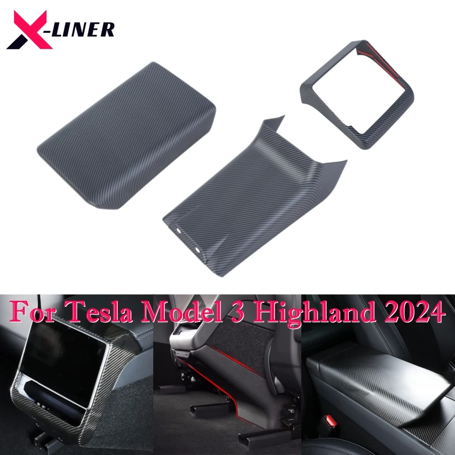 For Tesla Model 3 Highland 2024 Anti Kick Trim Protector Armrest Cover Rear Display Frame ABS Carbonfiber Pattern Decorations