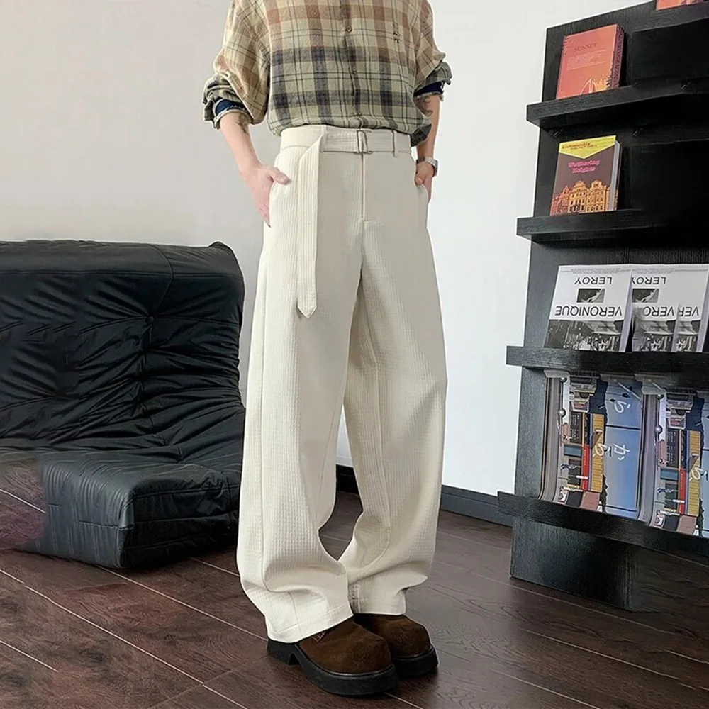 

Mens Trousers Belt Texture Casual Pants Spring Street Wear Fashion Campus Plain All-Match Straight Pants Men'S Clothing 2025 New