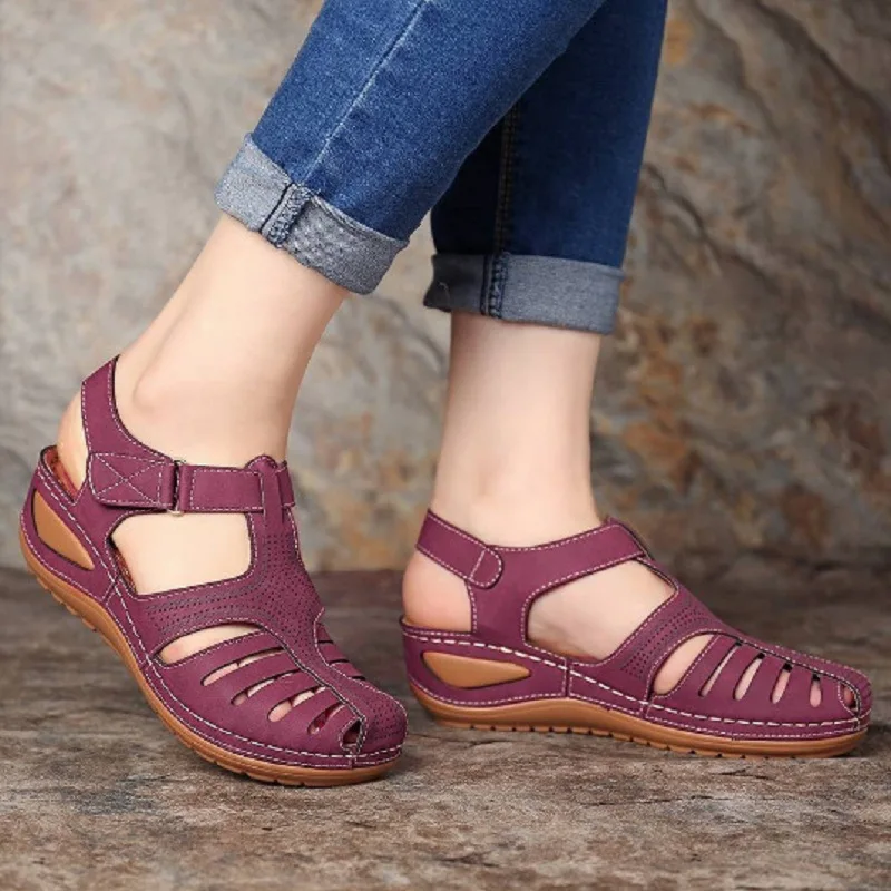 Women's Closed Toe Hollow One-Strap Wedge Roman Style Sandals