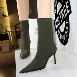 Large Size 34-43 Women Sock Boots Autumn Concise Elastic Lycra Pointed Toe High Heels Shoes Black Green Female Party Ankle Boots