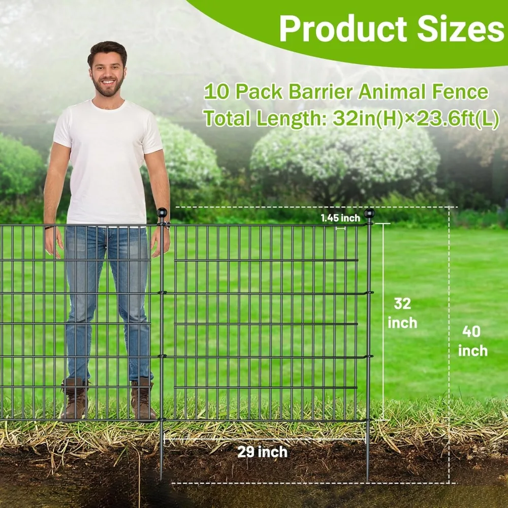 10 Panels No Dig Garden Fence for Outdoor Yard Decorative, 32 in(H) X 23.6 ft(L) Animal Barrier Fencing Rustproof Metal