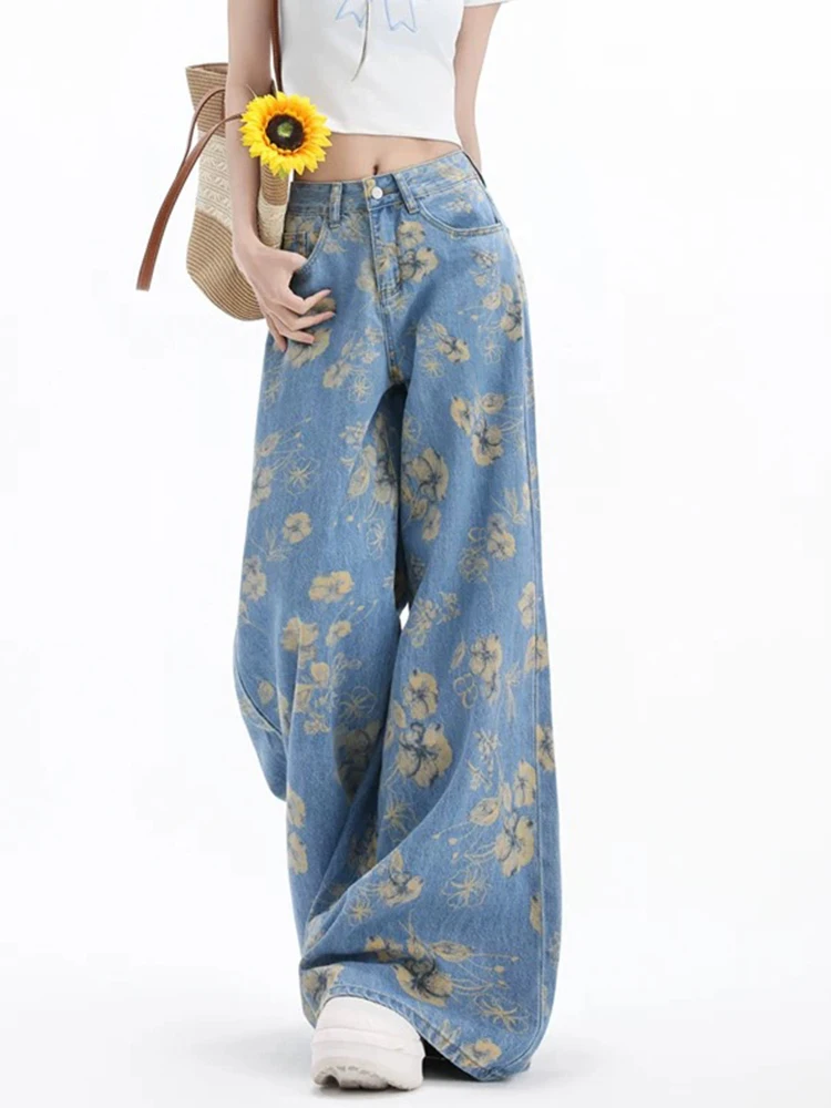 

Women Boho Flower Tie Dye Wide Leg Jeans Light Blue High Waisted Loose Pants 90s Vintage Floor Length Casual Trousers