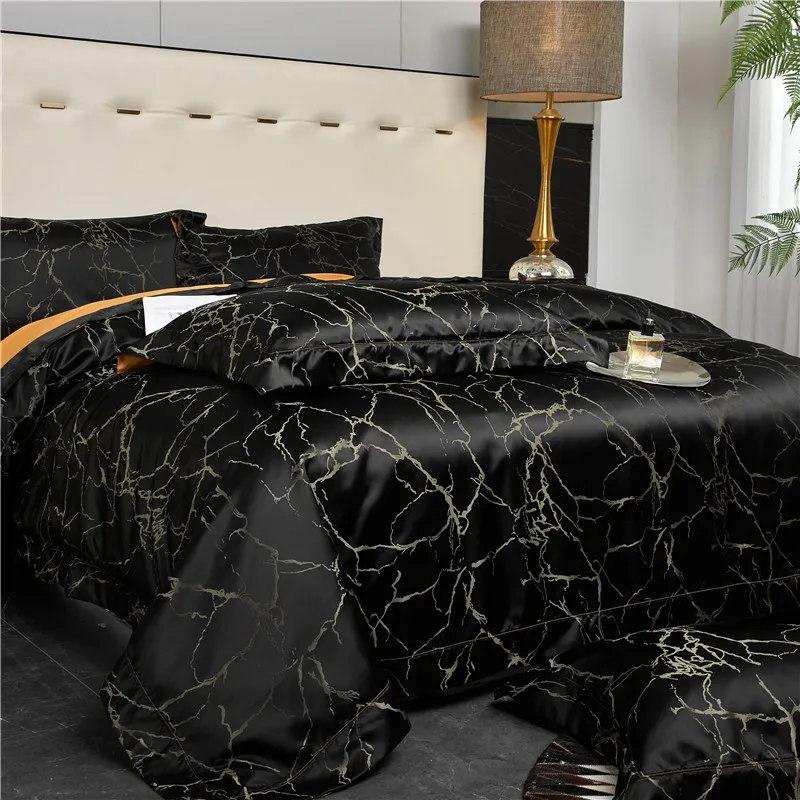 4/6Pcs Luxury Satin Black/Golden Duvet Cover Bed Sheet Set Silky Soft Chic Marble Jacquard Wrinkle Free Super King Bedding Sets