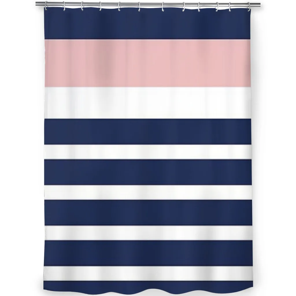 Mixed Stripe Minimalist Pattern in Navy Blue, Blush Pink, and White Unique decor Modern Fabric Bathroom Shower Curtains