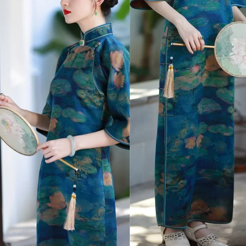 

Vintage Handmade Button Lotus Printed Long Sleeved Cheongsam Dress Women Clothing 2023 Autumn Elegant Vietnamese Dresses Qipao