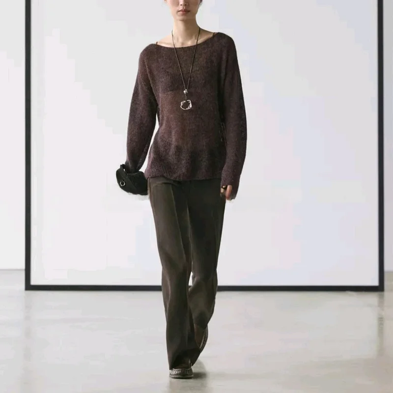 MD Winter New Women's Casual Lightweight Loose Knitwear Long Sve Boat Ne Transparent Top Comfortable Soft Polyester Fiber