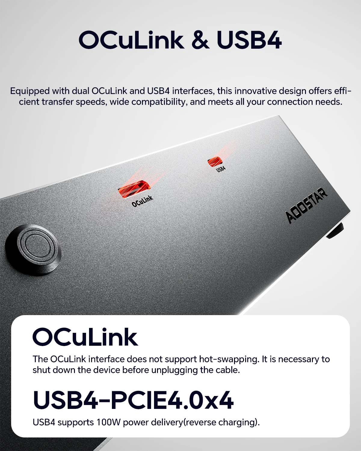 Новейшая док-станция AOOSTAR AG02S EGPU на 2025 год с портом OCulink/USB4, встроенным блоком питания Huntkey мощностью 800 Вт, поддерживает горячую смену интерфейса TGX.