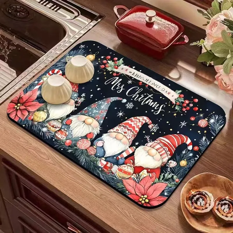 VIKAMA Diatomite Drying Mat Super Absorbent Quick Dry Non-Slip Kitchen Counter Gnome Tomte Star Holiday Decor