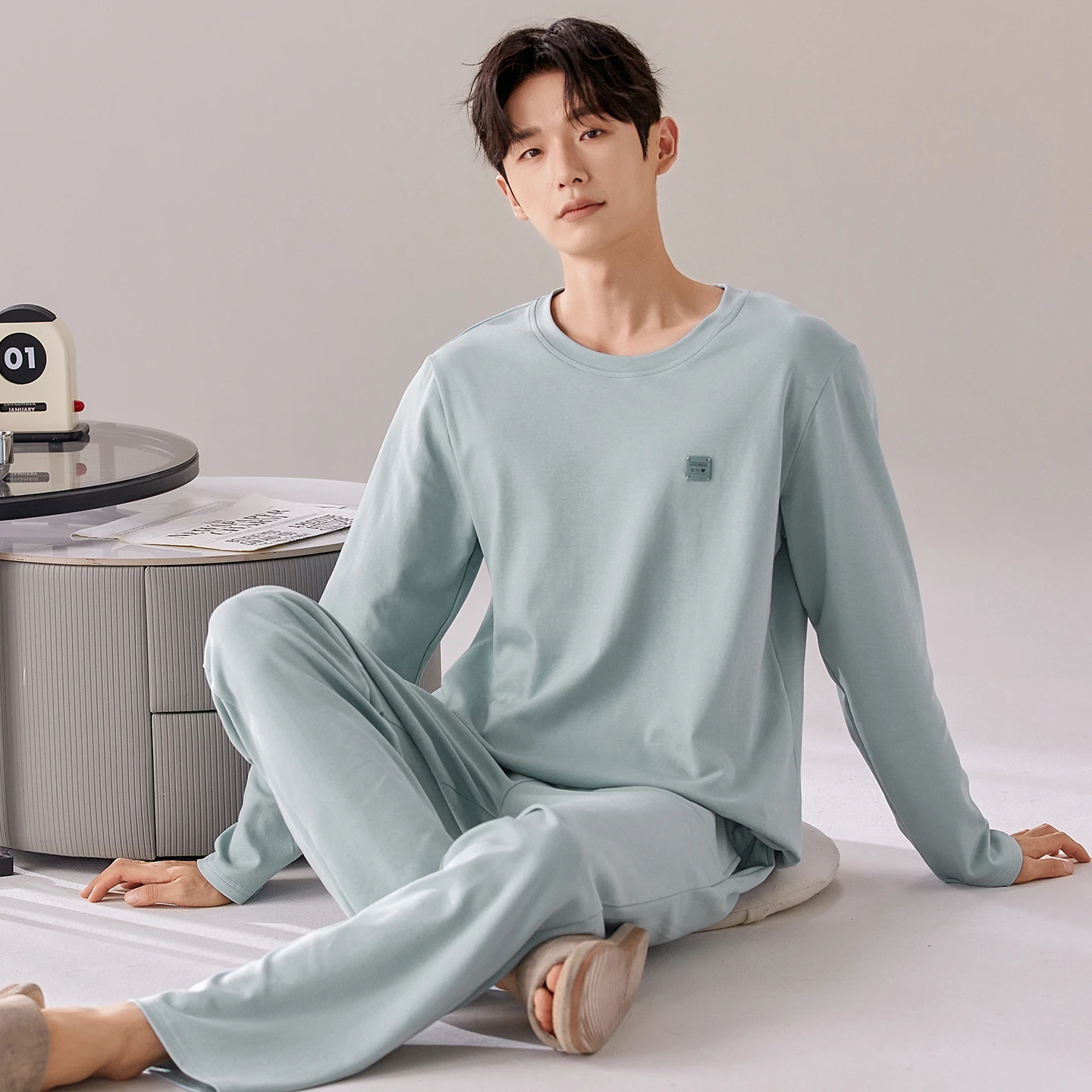 

Spring and Autumn Sleepwear for Men 2pcs/set Pajamas Set Cotton Nightwear Young Boy Male Loungewear O Neck Simple Pyjamas