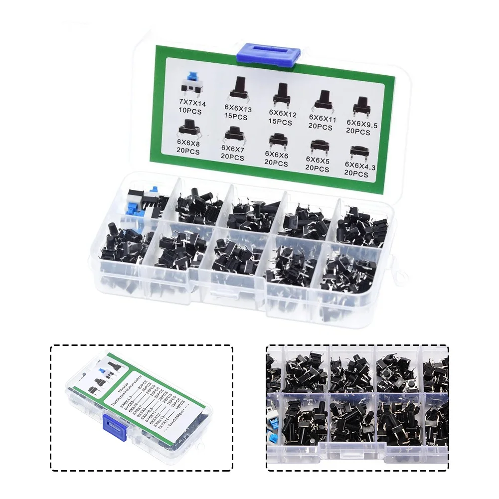 180Pcs 10 Type 6*6 Light Micro Touch Switch Set Push Button Switch Kit Assortment Set DIY Tool Accessories 6x6 Keys Tact ON/OFF