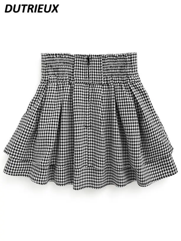 Herbst und Winter Neuer japanischer süßer kurzer Rock mit hoher Taille und Hahnentrittmuster, gefüttert mit Rüschenrand und Reißverschluss, A-Linien-Miniröcke