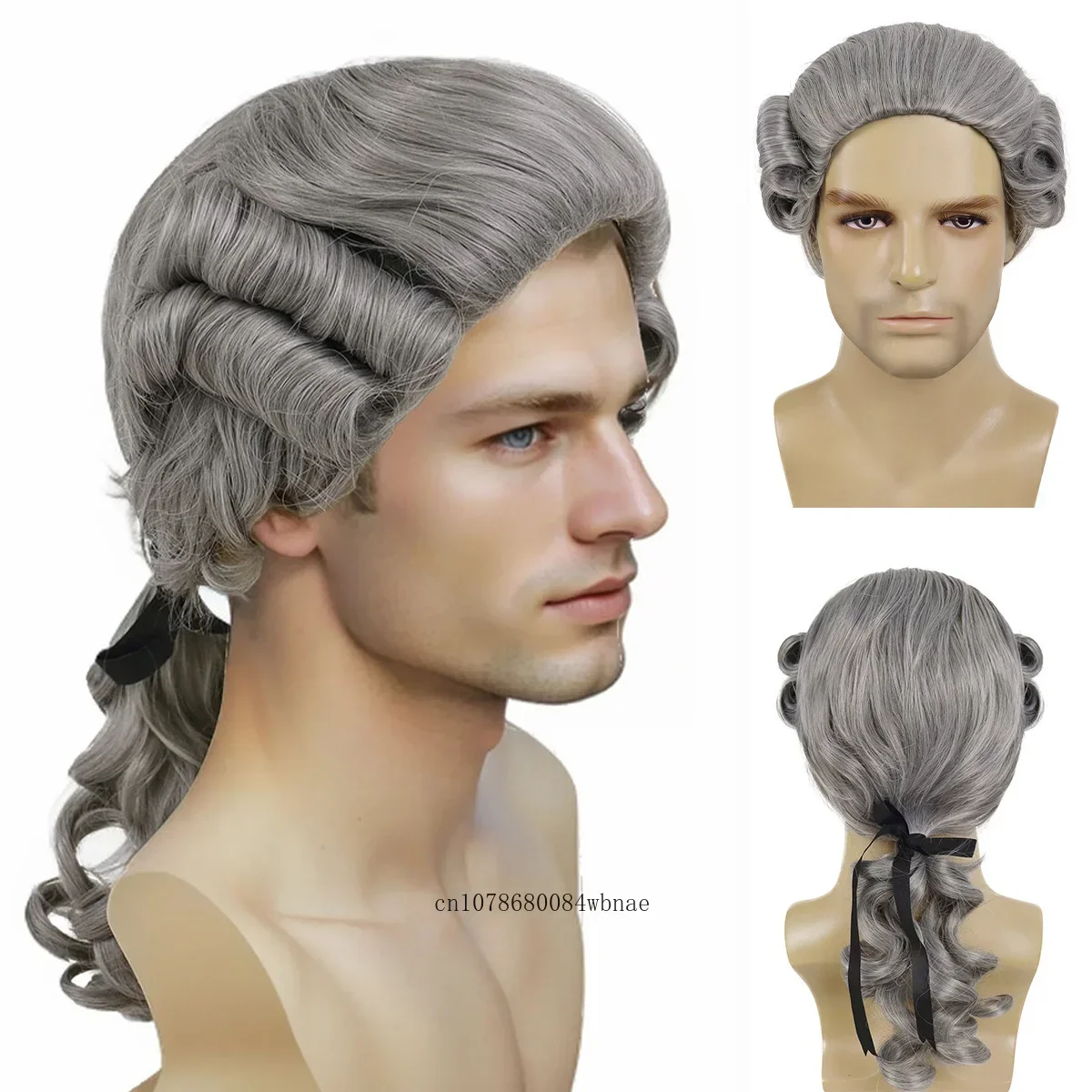 Synthetic Lawyer Judge Baroque Cosplay Curly Wig Deluxe Historical Long Grey Wigs for Men Costume Party Halloween Christmas Use