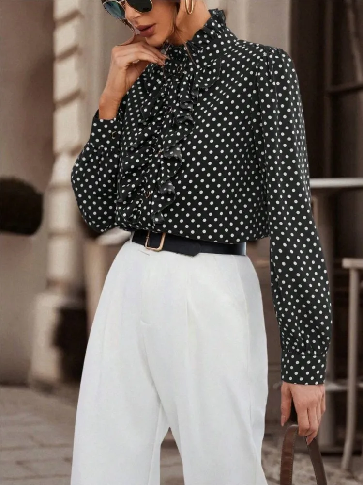 Fashion Polka Dot Print Ruffle Women Blouses Tops Elegant Office Lady Casual 2024 Spring Autumn Long Sleeve Button Shirt Top