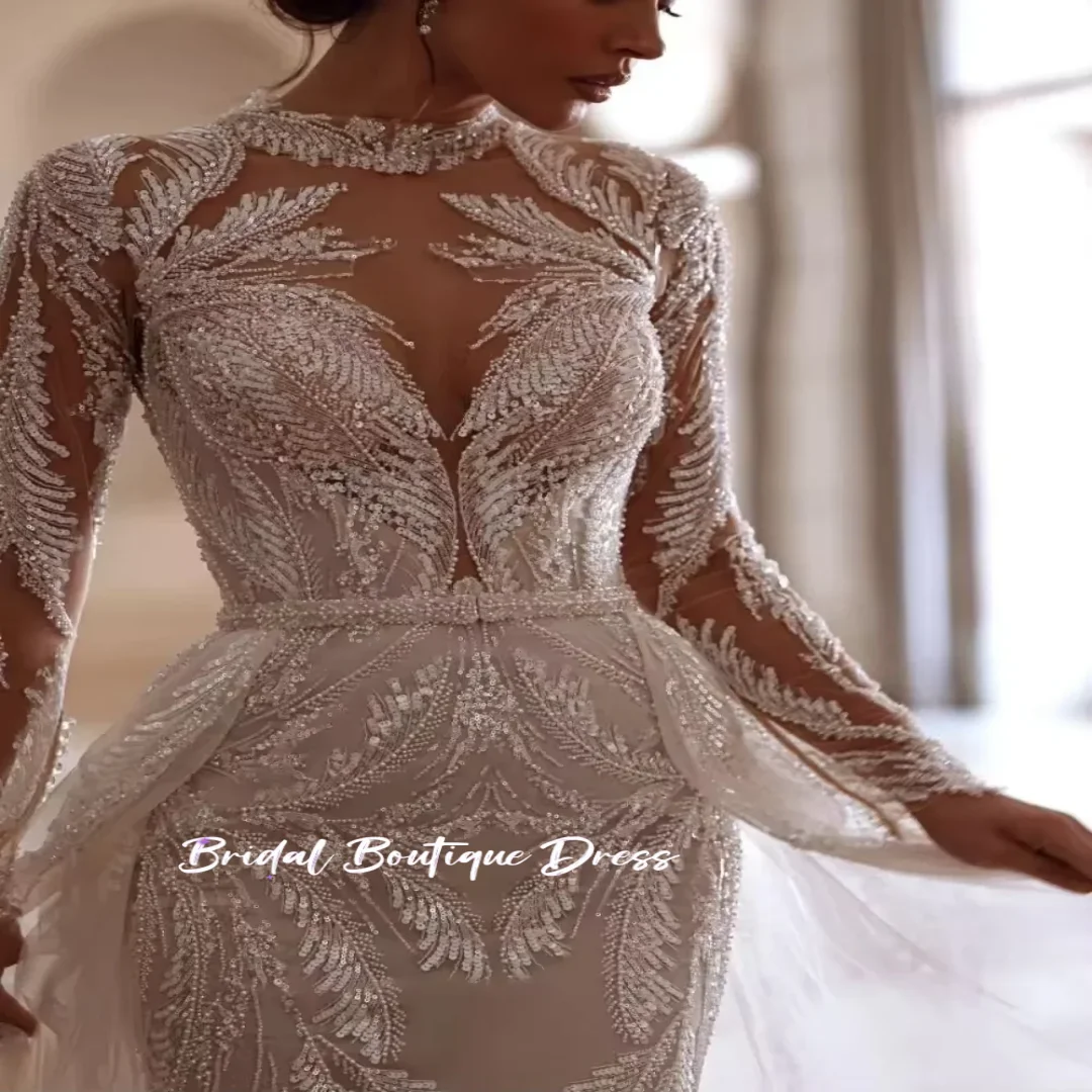 Aangepaste bescheiden prachtige hoge kraag lange mouw trouwjurk sprankelende pailletten kralen jurk voor bruid elegante bruidsjurk