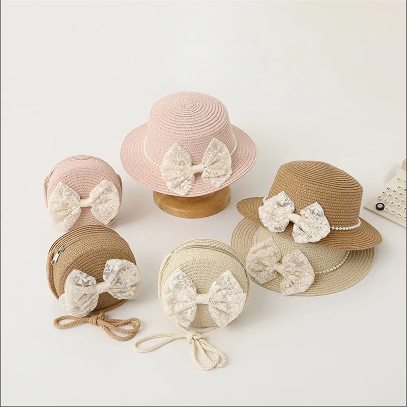 Spring And Summer Baby Girl Sunshade Straw Hat Bag Set Children's Sunscreen Caps Baby Girls' Elegant Lace Princess Flat Top Hats