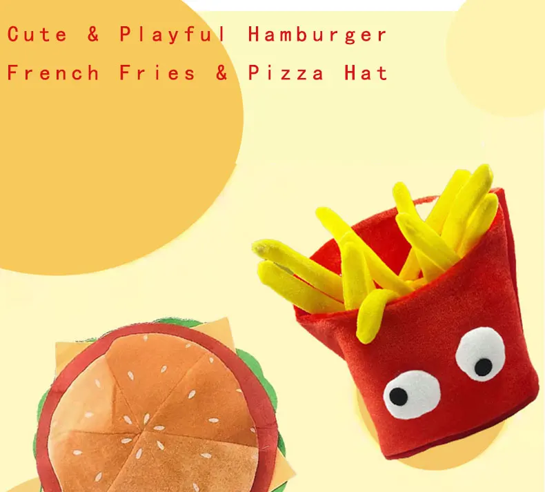 Niedliches, neuartiges Food-Hut-Set, 4-teilig – Hamburger, Pommes Frites, Pizza und Drumstick für Partys, Freizeitkleidung und Geschenke – Detail 1