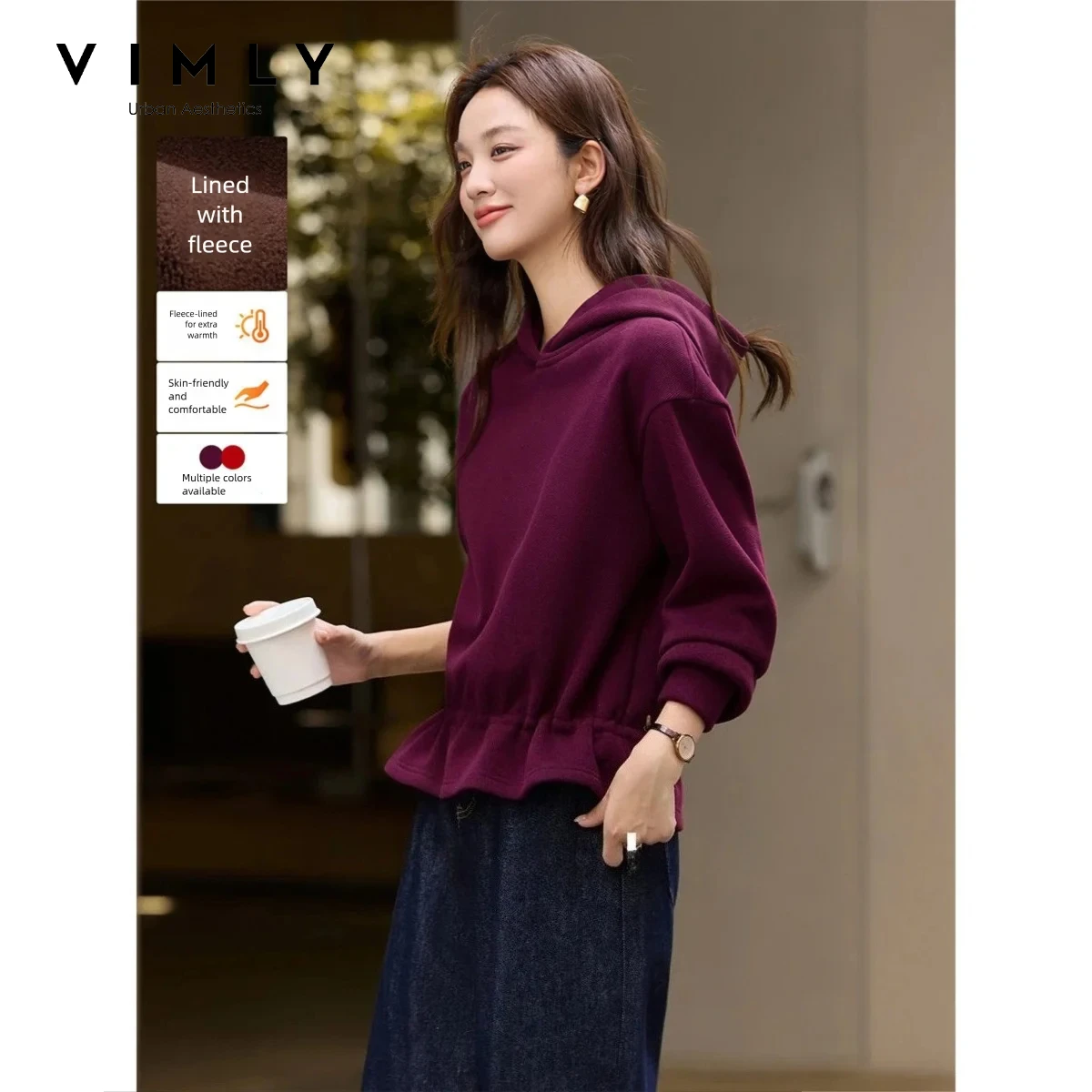 VIMLY Women Vintage Red Hooded Fleece Lined Sweatshirt 2026 Fall Loose-fit Warm Drawstring Waist Long Sleeve Top Female A3552