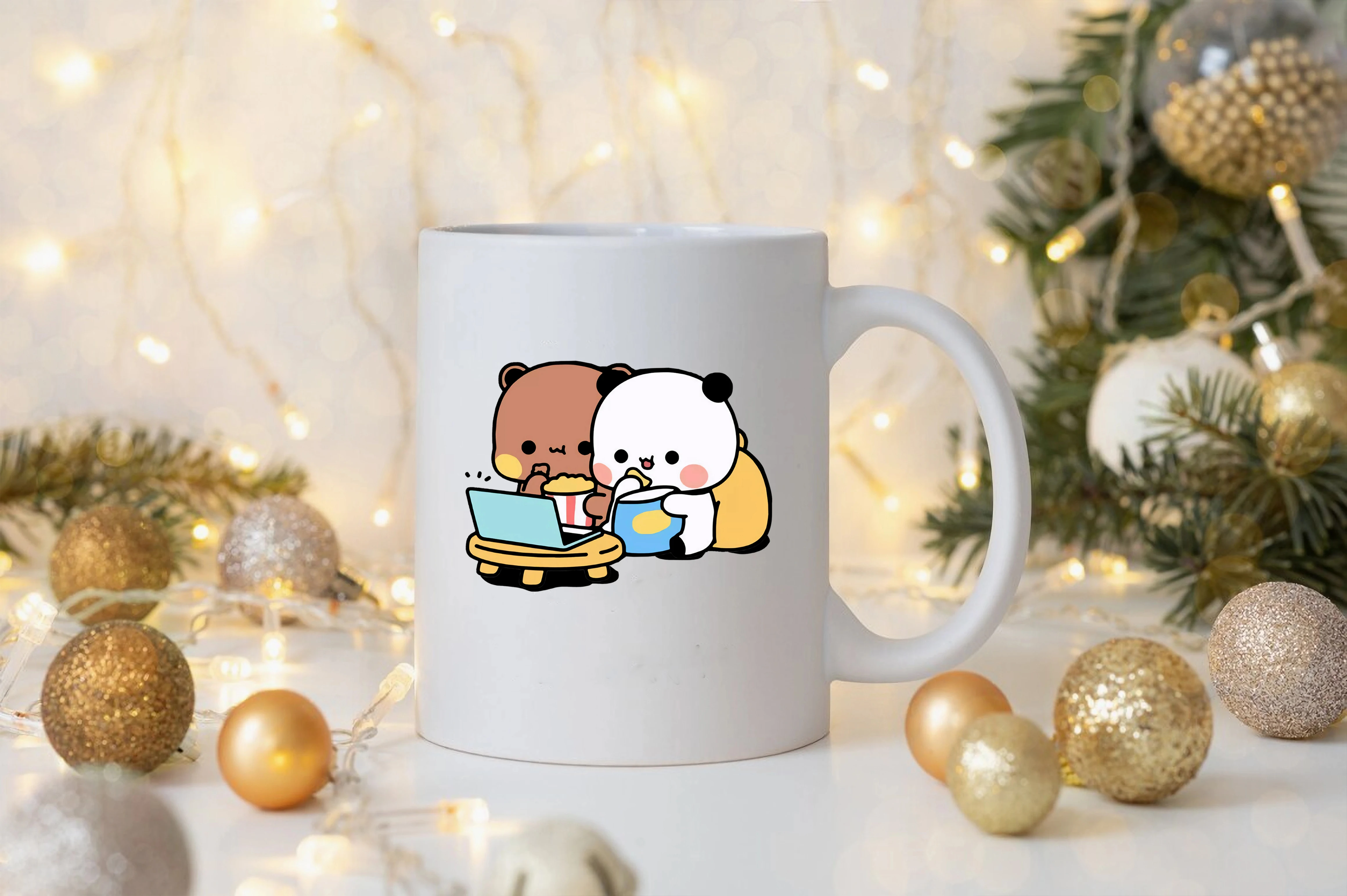 cute Panda Bear Bubu Dudu Eating Popcorn and Watching TV Mug Couples Gift Mug Kawaii Panda Bear Bubu Dudu  Elegant Coffee Mug