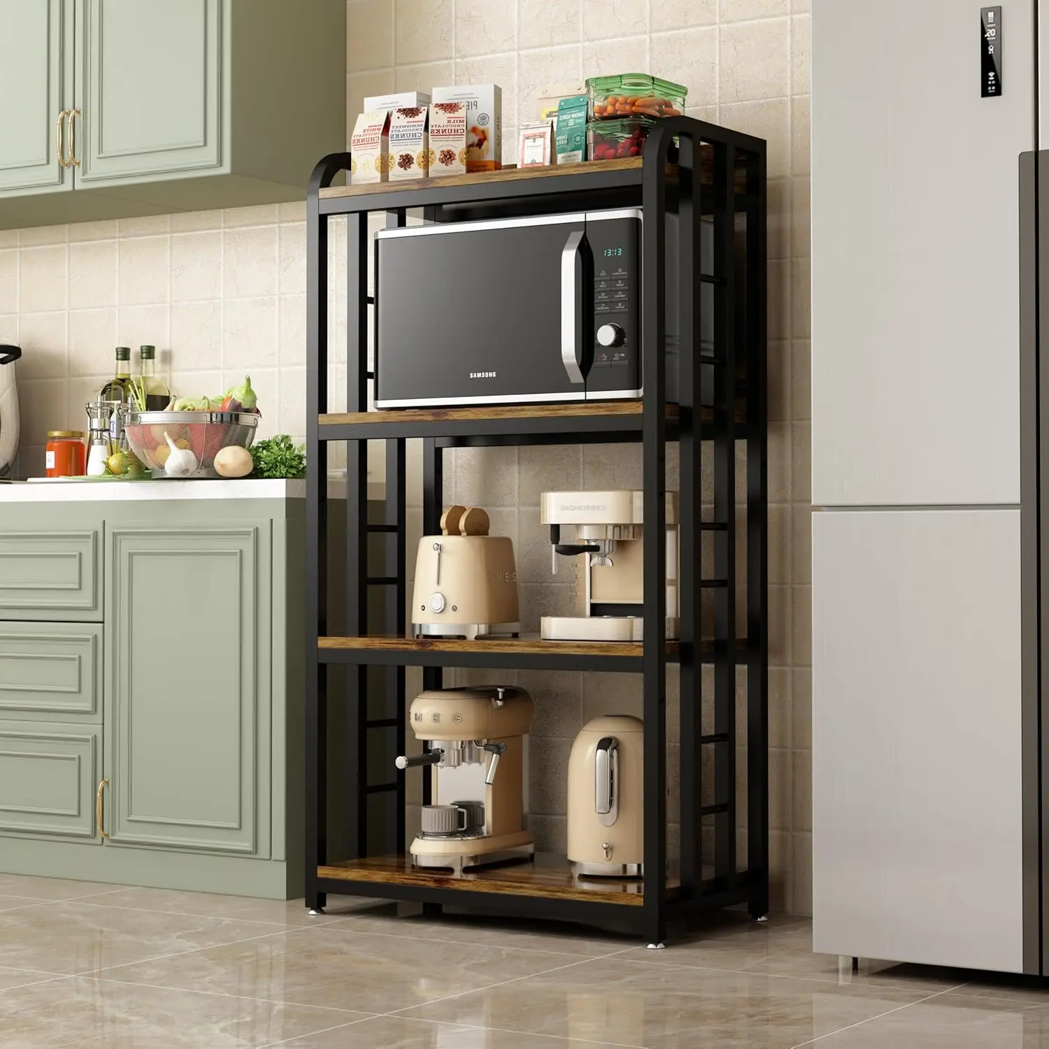 

4-Tier Kitchen Baker's Rack with Rolling Wheels, Microwave Oven Cart Stand, Adjustable Utility Shelving Storage Unit, Heavy Duty