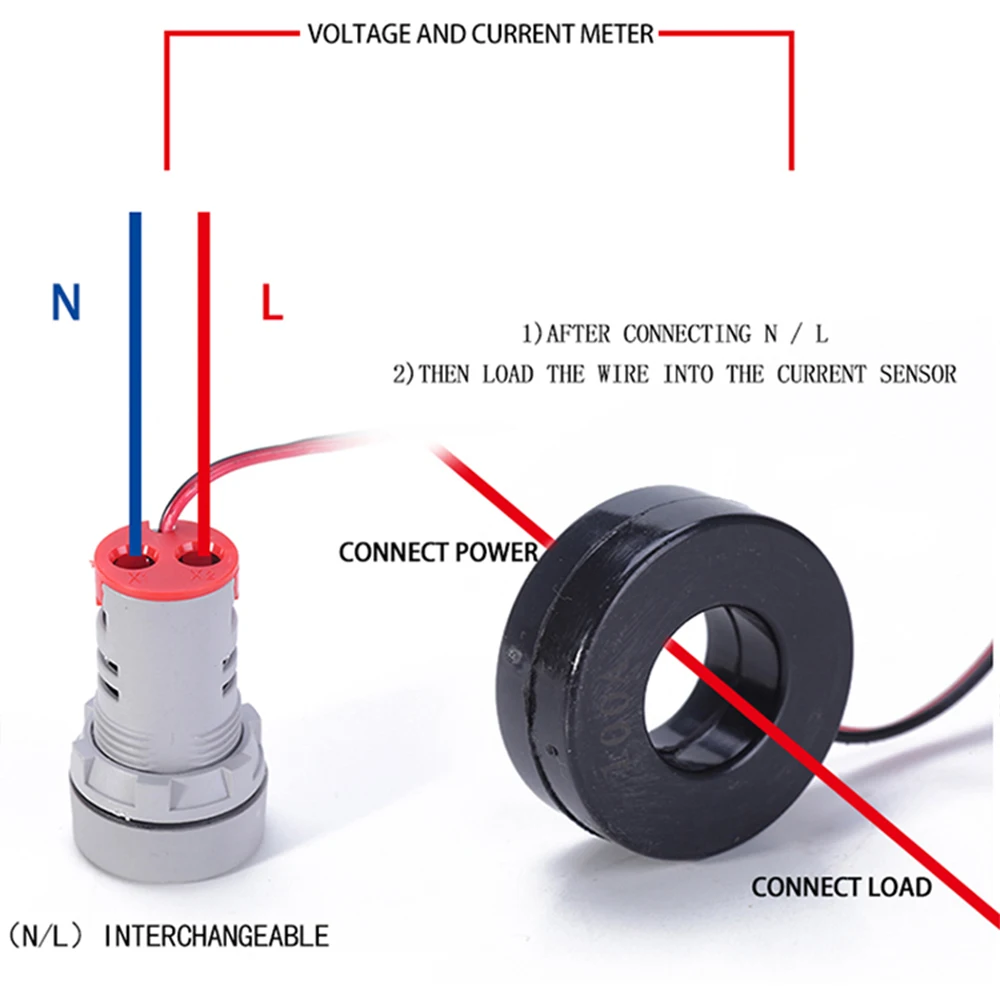 เครื่องวัดแรงดันไฟฟ้า AC 20-500V, เครื่องวัดแรงดันไฟฟ้า0-100A แอมมิเตอร์ดิจิทัลไฟนำร่องแสดงสถานะคู่ไฟ LED ทรงสี่เหลี่ยมกำลังไฟ22มม.