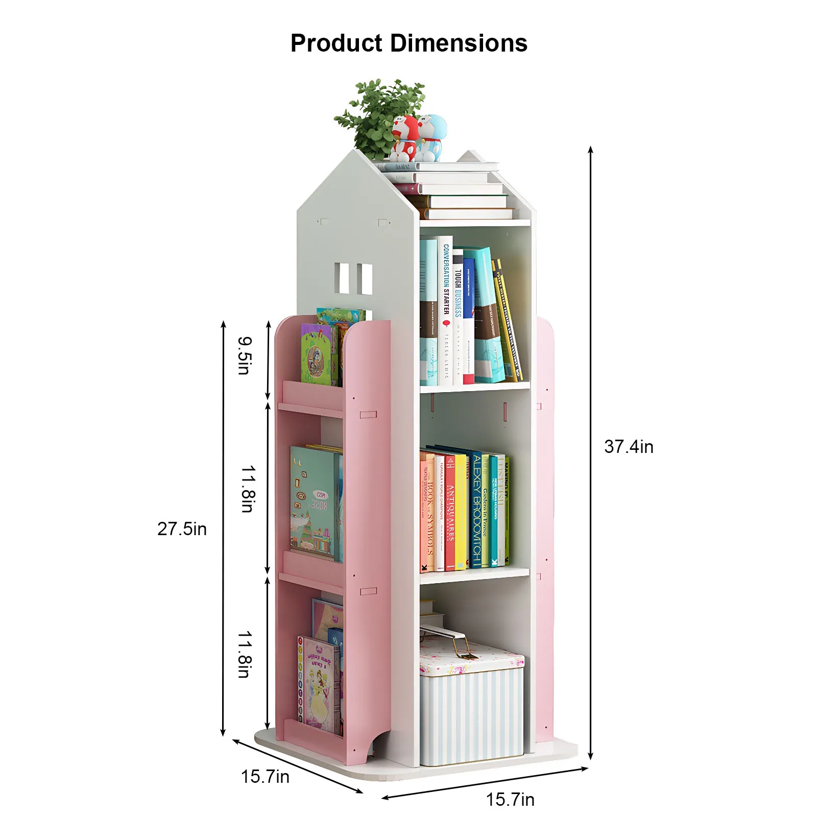 4-Tier Rotating Bookshelf, 360° Display Book Shelf, Floor Standing Bookcase, Children's Bookshelves for Bedroom, Living Room, Study Room ( PINK Color )