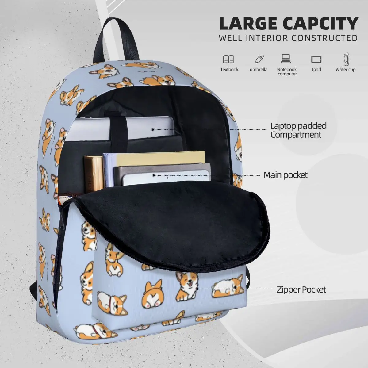 Kawaii Corgi Backpacks Large Capacity Student Book bag Shoulder Bag Travel Rucksack Casual Children School Bag