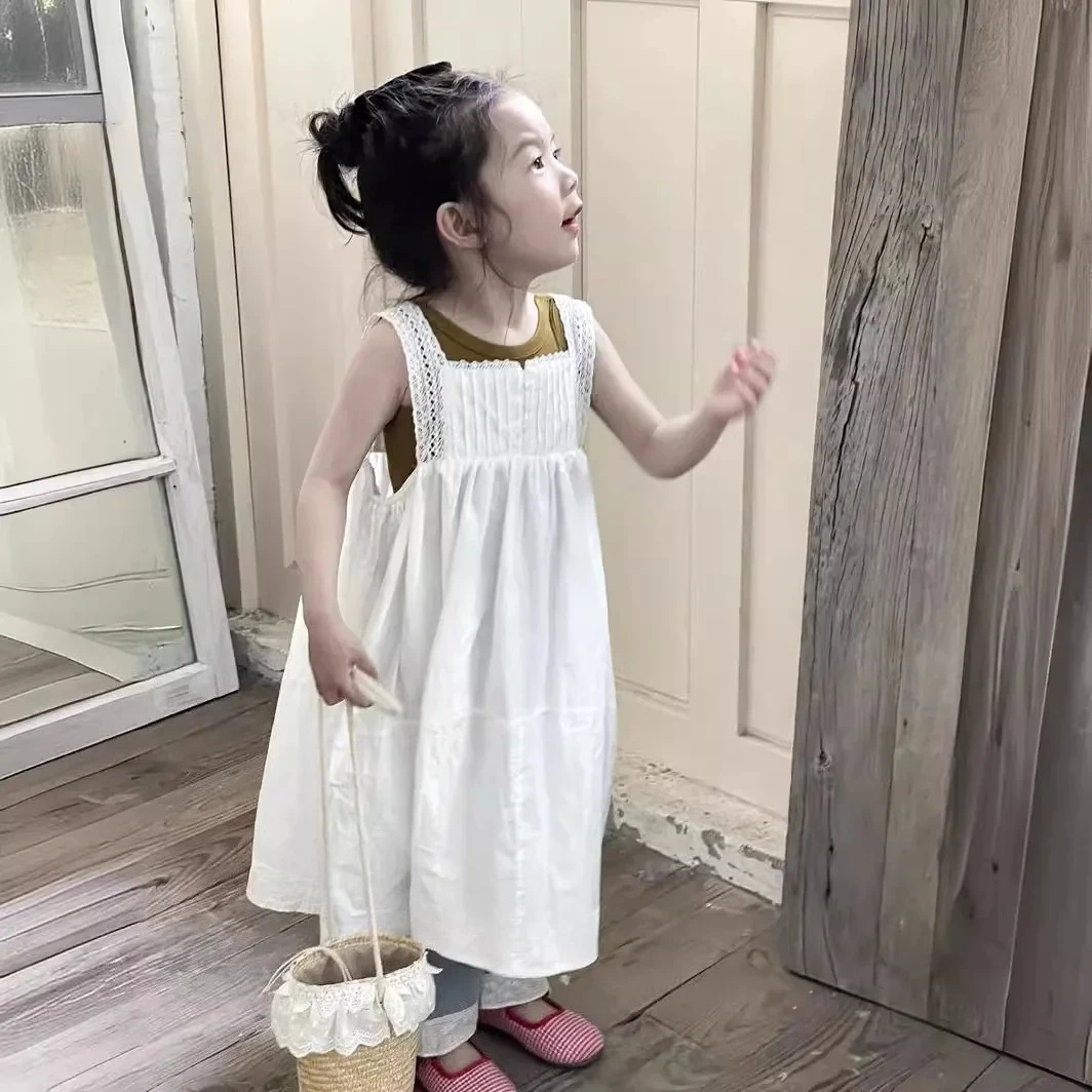 Girls Casual Dresses Princess Summer New Korean 2024 White Lace Flower Edge Vest Long Childrens Clothing Hollowing Out