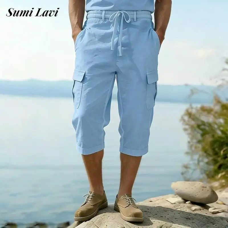 

Spring Summer Casual Mens Linen Bottoms Vintage Drawstring Multi Pocket Loose Cargo Shorts Men Daily Leisure Breathable Shorts