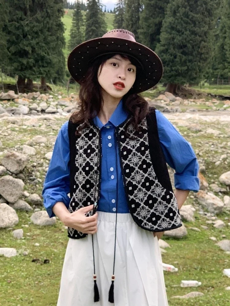 

Heavy Embroidery Floral Patterned Arc Hem Vest Ethnic Sle Women's Faion Spring Season ort Length V-Ne Single Button C...