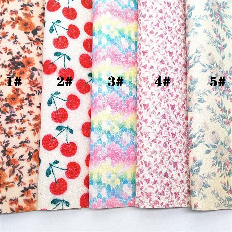 Flowers Fish Scales Cherries Printed Glitter Leather Fabric Sheets For Bow DIY 21X29CM FZ289A