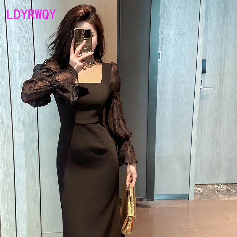 

French Square Neck Flare Sleeves Dress Women's 2023 Autumn/Winter New Celebrity Style Slim Fit Knee Length Dress