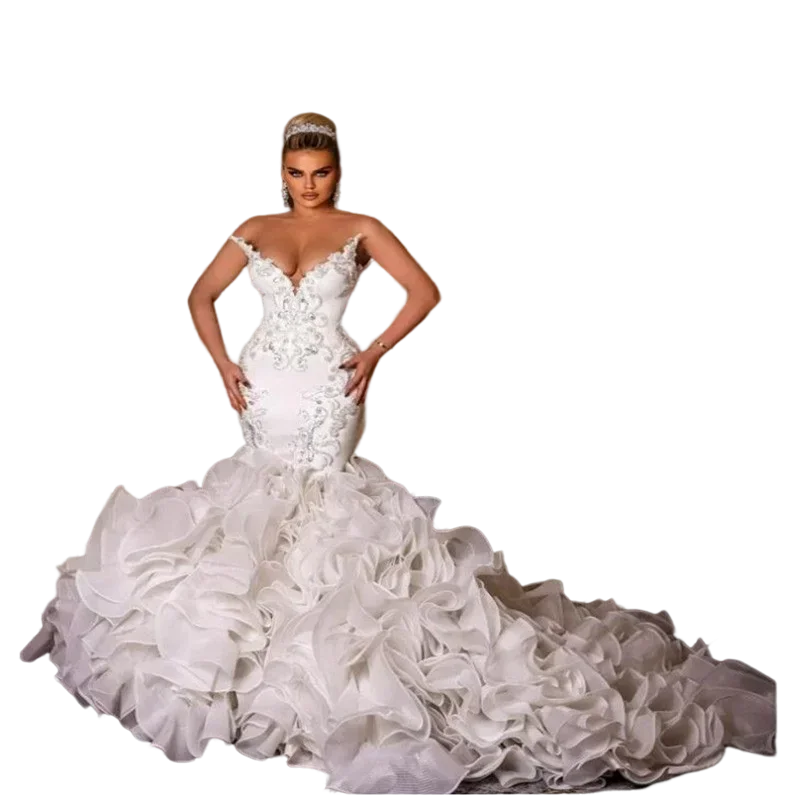 

Customized Beautiful Sweetheart Beaded Embroidery Mermaid Wedding Dresse Vestido Casame Cascading Ruffles Plus Size Bridal Gown