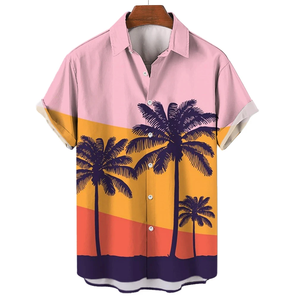 

Summer seaside sunset palm tree print short-sleeved shirt for men and women button-up fashion shirt short-sleeved top