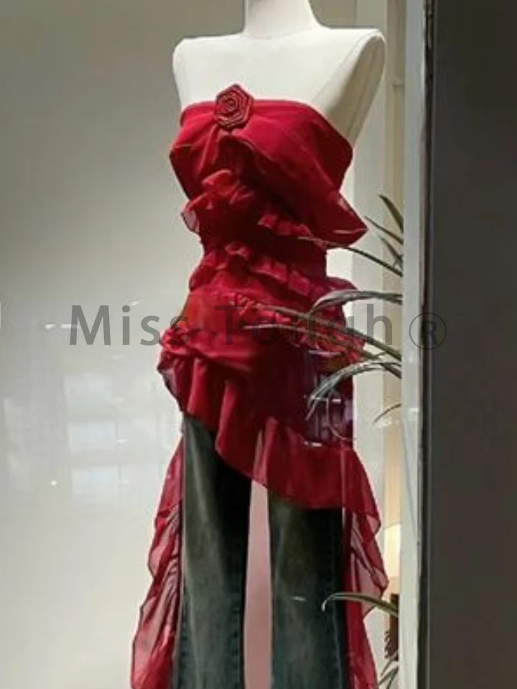 Pure Desire Sexy Strap Sweet Dresses Women Korean Fashion Hot Chick Red Designer Fairy Dress Female Y2K Strapless Dress 2024 New