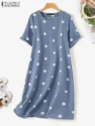 ZANZEA Solid Baggy Round Neck Dresses Women Casual Dots Print Dress 2024 Summer Loose Vestidos Elegant Short Sleeve Short Robes