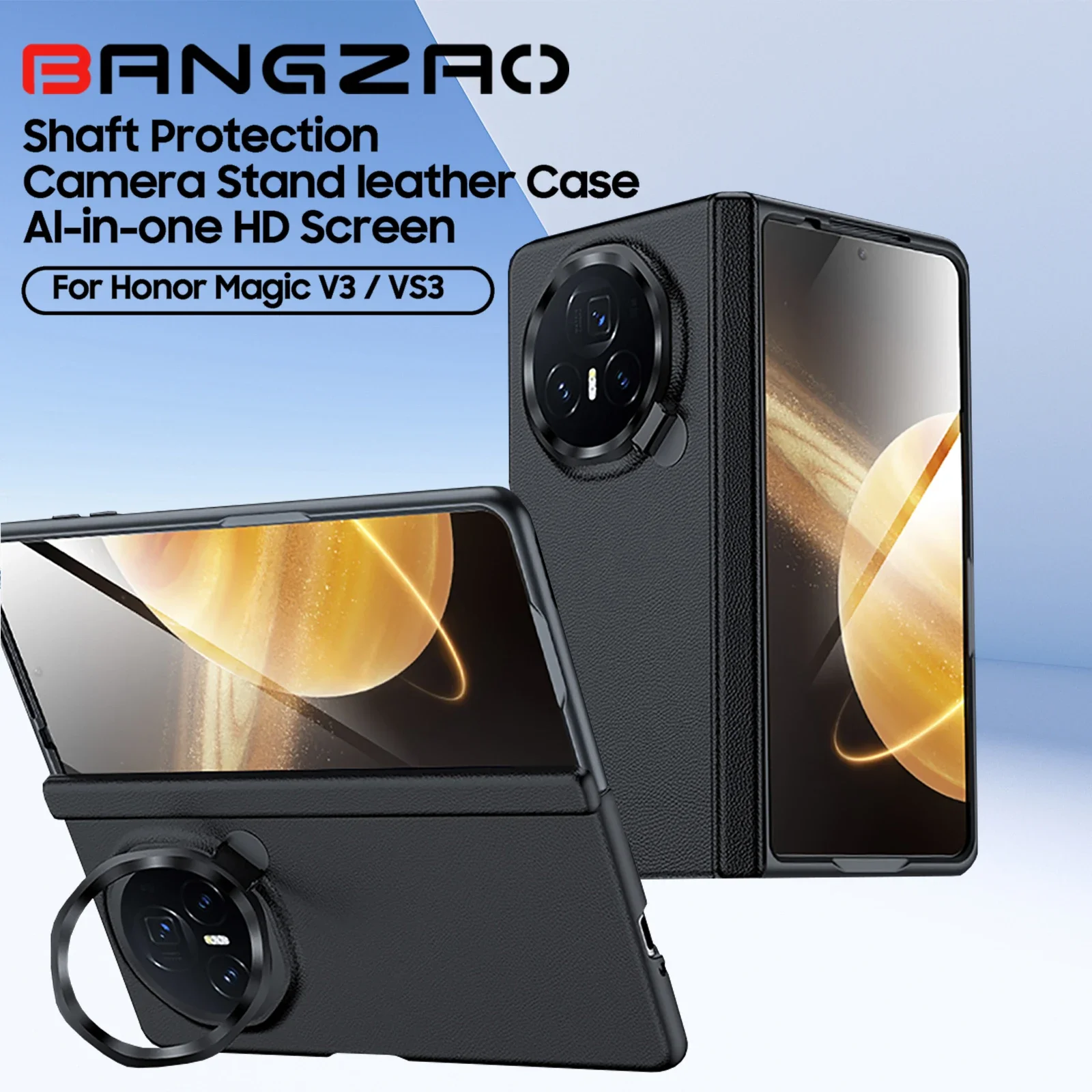 

for Honor Magic V3 Leather Protective Case,Camera stand,Integrated HD protective film,Rotary shaft protection Phone Case-Black