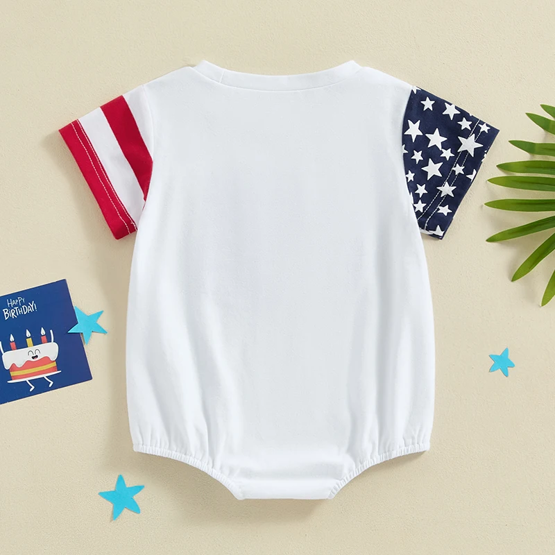 Bayi laki-laki perempuan 4th Juli baju monyet lengan pendek Crewneck bendera Amerika cetak Hari Kemerdekaan Jumpsuit bordir bintang dan